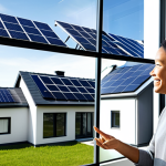A diverse, professional family, fully clothed in modest, contemporary attire, in their bright, modern smart home living room. A woman is smiling gently as she interacts with a sleek, glowing holographic interface displaying real-time energy consumption and renewable energy generation data from rooftop solar panels. A child observes with curiosity. The background features large windows with a glimpse of urban rooftops covered in solar panels, emphasizing innovation, energy efficiency, and consumer empowerment. Perfect anatomy, correct proportions, natural pose, well-formed hands, proper finger count. Professional photography, high quality, studio lighting, safe for work, appropriate content, fully clothed, family-friendly.