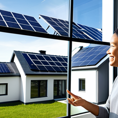 Home 4 A diverse, professional family, fully clothed in modest, contemporary attire, in their bright, modern smart home living room. A woman is smiling gently as she interacts with a sleek, glowing holographic interface displaying real-time energy consumption and renewable energy generation data from rooftop solar panels. A child observes with curiosity. The background features large windows with a glimpse of urban rooftops covered in solar panels, emphasizing innovation, energy efficiency, and consumer empowerment. Perfect anatomy, correct proportions, natural pose, well-formed hands, proper finger count. Professional photography, high quality, studio lighting, safe for work, appropriate content, fully clothed, family-friendly.