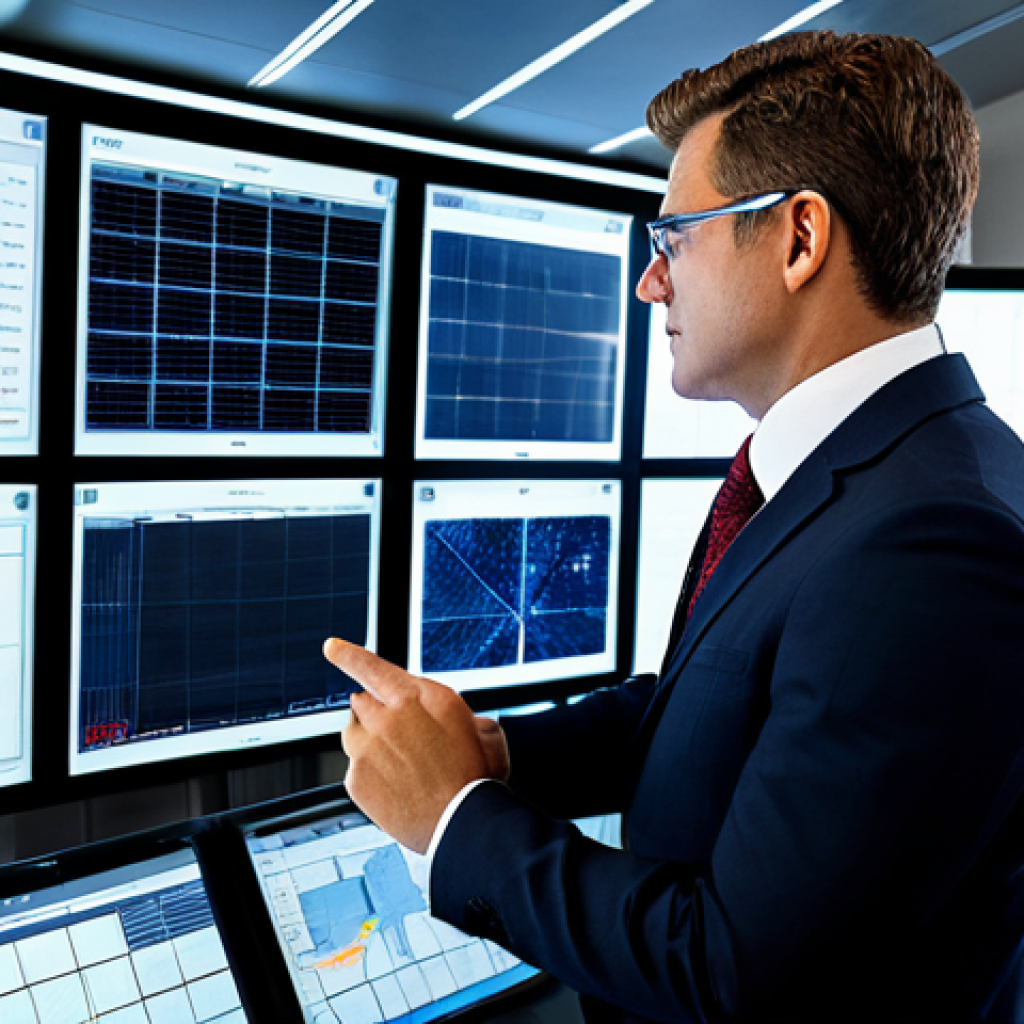 A focused, professional smart grid operator, fully clothed in a modest business suit, standing confidently in a sophisticated control room. Large, multi-panel screens display intricate real-time data visualizations of energy flow, dynamically integrating solar panel arrays and wind turbine farms across a vast, modern smart grid. The operator observes the complex system with a natural pose, reflecting deep understanding and control. Perfect anatomy, correct proportions, well-formed hands, proper finger count. Professional photography, high quality, safe for work, appropriate content, fully clothed, professional dress.