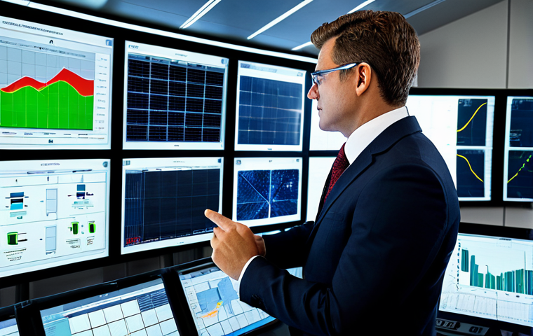 A focused, professional smart grid operator, fully clothed in a modest business suit, standing confidently in a sophisticated control room. Large, multi-panel screens display intricate real-time data visualizations of energy flow, dynamically integrating solar panel arrays and wind turbine farms across a vast, modern smart grid. The operator observes the complex system with a natural pose, reflecting deep understanding and control. Perfect anatomy, correct proportions, well-formed hands, proper finger count. Professional photography, high quality, safe for work, appropriate content, fully clothed, professional dress.