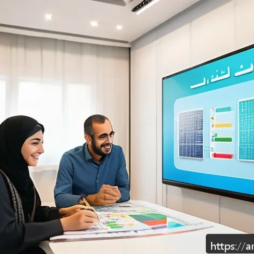 Home 30 스마트 그리드의 소비자 참여 유도 방법 - A detailed scene showing an Arabic family participating in a smart grid educational workshop, with a...