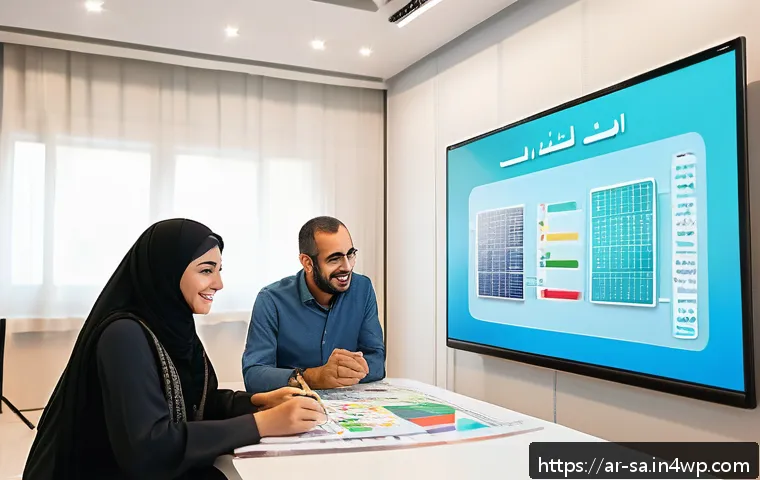 스마트 그리드의 소비자 참여 유도 방법 - A detailed scene showing an Arabic family participating in a smart grid educational workshop, with a...