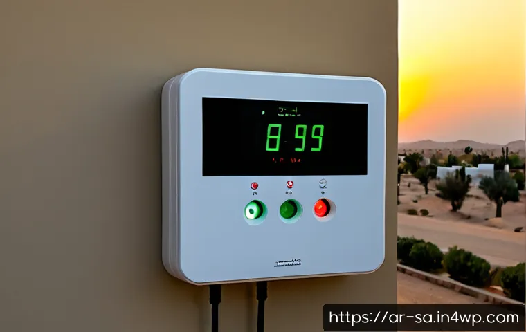 스마트 그리드와 스마트 미터의 협력 관계 - Photorealistic modern smart electricity meter installed on the exterior wall of a contemporary Middl...