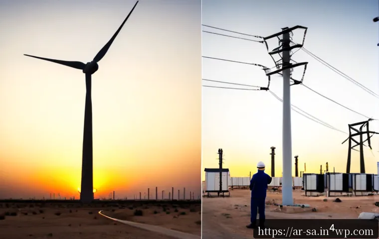 스마트 그리드와 기존 전력망의 차이점 - Photorealistic split-scene comparison of electricity infrastructure in an Arab Gulf city: left side ...